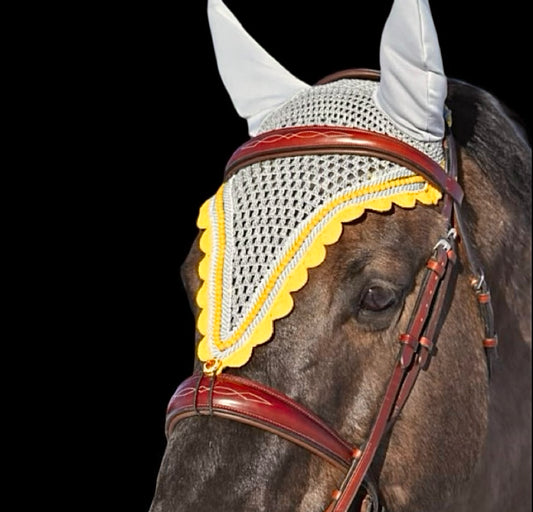 Tiedown Bonnets - Full - Grey Base/Yellow Scallops/Yellow Pearls/2 Clear Bling/2 Grey Piping