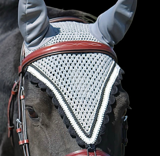 Tiedown Bonnets - Cob - Grey Base/Black Scallops/3 Clear Bling/White & Black Piping