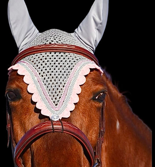 Tiedown Bonnets - Cob - Grey Base/Pink Scallops/3 Clear Bling/Grey and Pink Piping
