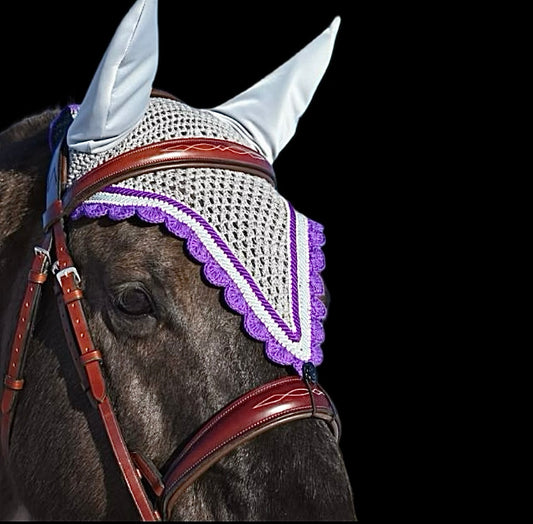 Tiedown Bonnets - Cob - Grey Base/Purple Scallops/3 Clear Bling/Grey and Purple Piping