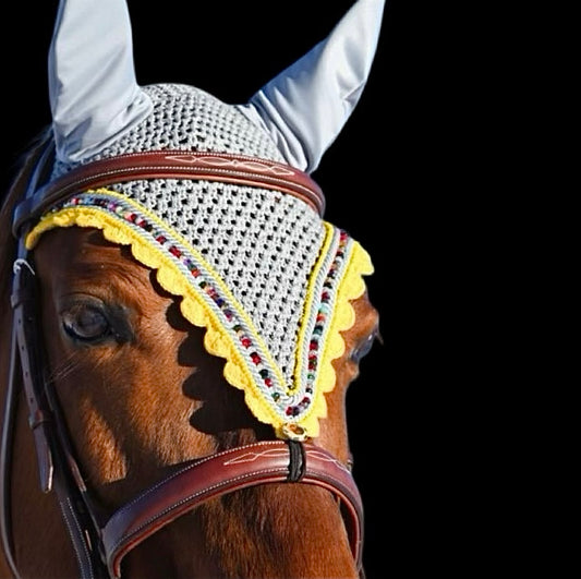 Tiedown Bonnets - Cob - Grey Base/Yellow Scallops/2 Yellow Crystals/1 Rainbow Pearl/2 Grey Piping