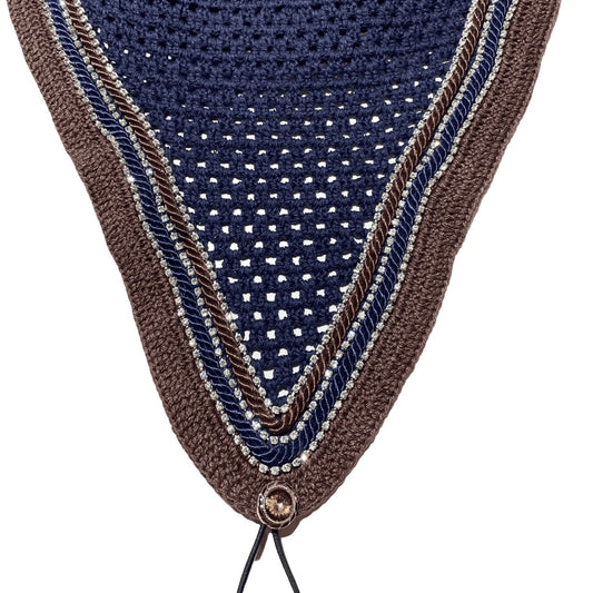 Tiedown Bonnets - Full - Navy Base/Dark Brown Straight Edge/3 Clear Bling/Dark Brown and Navy Piping