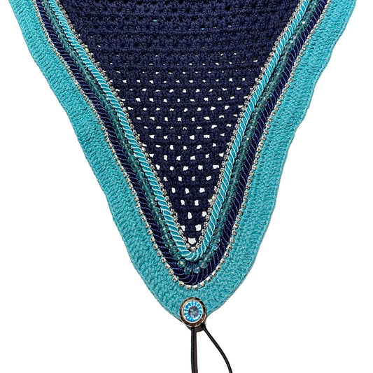 Tiedown Bonnets - Full - Navy Base/Turquoise Straight Edge/2 Clear Bling/1 Turquoise Crystal/Turquoise and Navy Piping