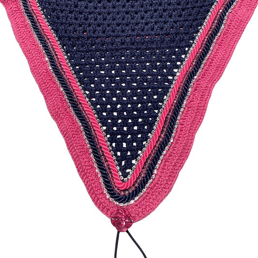 Tiedown Bonnets - Full - Navy Base/Hot Pink Straight Edge/2 Clear Bling/1 Pink Crystal/Navy and Hot Pink Piping