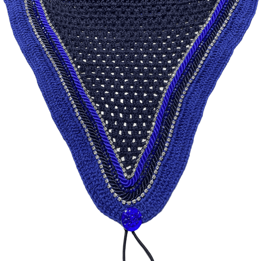 Tiedown Bonnets - Full - Navy Base/Blue Straight Edge/2 Clear Bling/1 Blue Crystal/Navy and Blue Piping