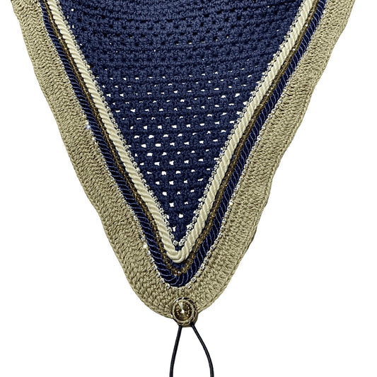 Tiedown Bonnets - Full - Navy Base/Taupe Straight Edge/2 Clear Bling/1 Amber Crystal/Taupe and Navy Piping