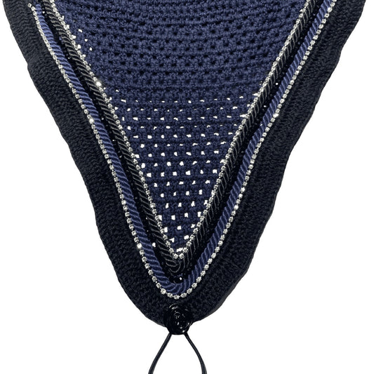 Tiedown Bonnets - Full - Navy Base/Black Straight Edge/2 Clear Bling/1 Black Crystal/Black and Navy Piping