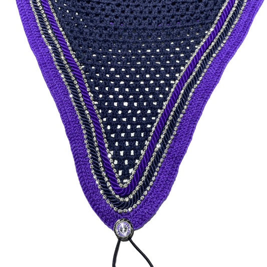 Tiedown Bonnets - Full - Navy Base/Purple Straight Edge/3 Clear Bling/Purple and Navy Piping