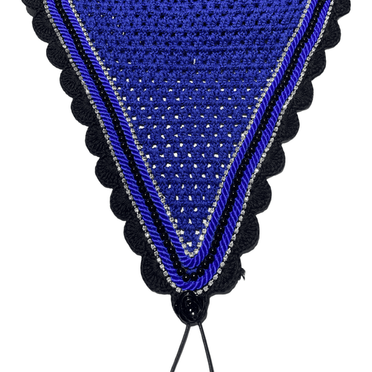 Tiedown Bonnets - Full - Royal Blue Base/Black Scallops/2 Clear Bling/1 Black Pearl/2 Royal Blue Piping