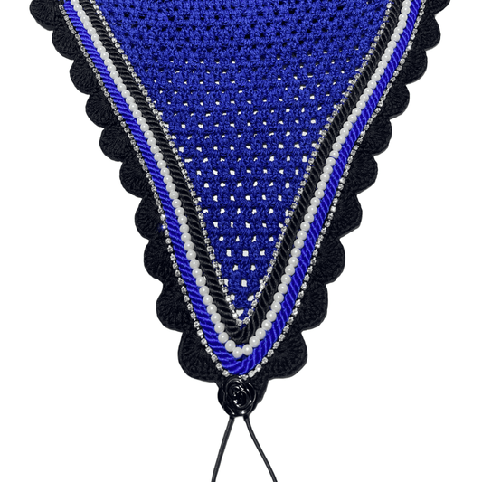 Tiedown Bonnets - Full - Royal Blue Base/Black Scallops/2 Clear Bling/1 White Pearl/Royal Blue & Black Piping