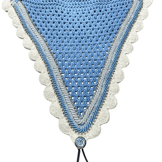 Tiedown Bonnets - Full - Baby Blue Base/White Scallops/2 Clear Bling/1 White Crystal/Silver and Baby Blue Piping