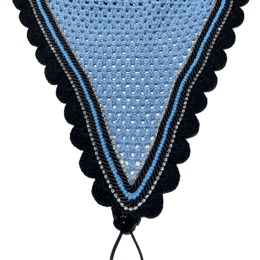 Tiedown Bonnets - Full - Baby Blue Base/Black Scallops/2 Clear Bling/1 Light Blue Crystal/2 Black Piping