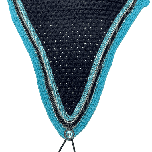 Tiedown Bonnets - Full - Black Base/Teal Straight Edge/2 Teal Bling/1 Clear Bling/ Teal and Black PIping