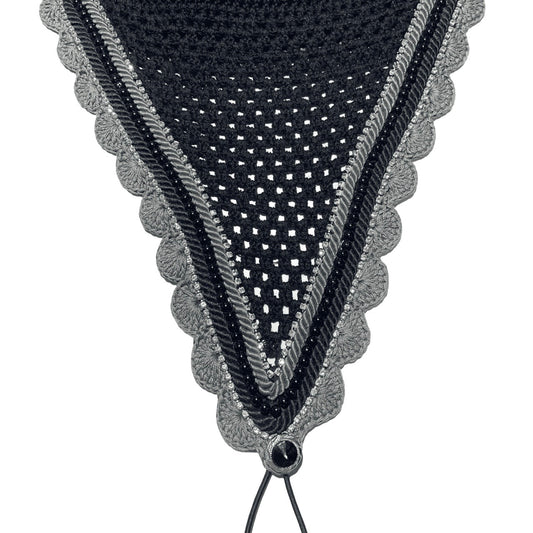 Tiedown Bonnets - Full - Black Base/Grey Scallops/2 Clear Bling/1 Black Pearls/Black & Grey Piping