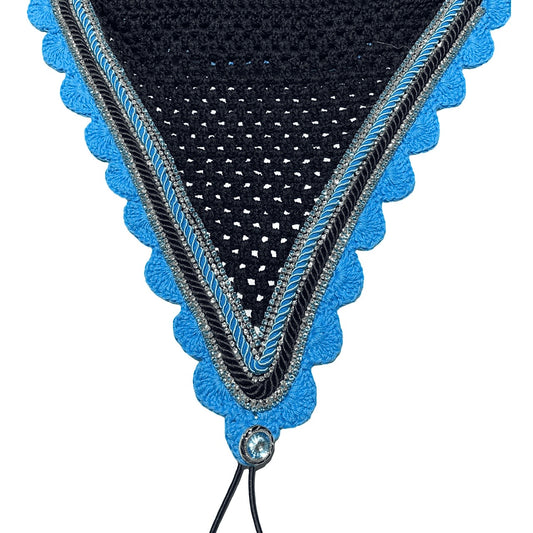 Tiedown Bonnets - Full - Black Base/Teal Scallops/2 Clear Bling and 1 Teal Bling/Black and Teal Piping