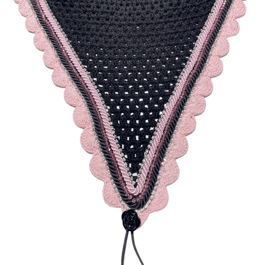 Tiedown Bonnets - Full - Black Base/Light Pink Scallop/3 Clear Bling/1 Pink Crystal/Light Pink and Black Piping