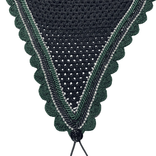 Tiedown Bonnets - Full - Black Base/Dark Green Scallops/2 Clear Bling/1 Dark Green Crystal/Black and Dark Green Piping