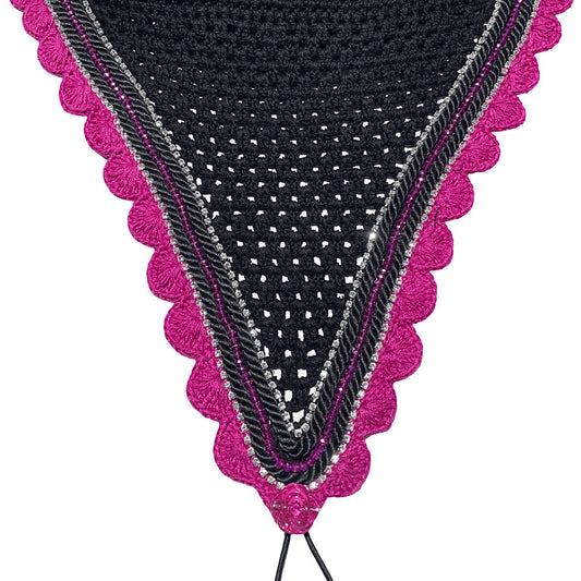 Tiedown Bonnets - Full - Black Base/Fusia Scallops/2 Clear Bling/1 Hot Pink Crystal/2 Black Piping