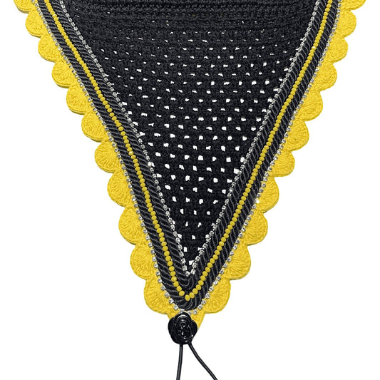 Tiedown Bonnets - Full - Black Base/Yellow Scallops/1 Yellow Crystal/2 Clear Bling/2 Black Piping