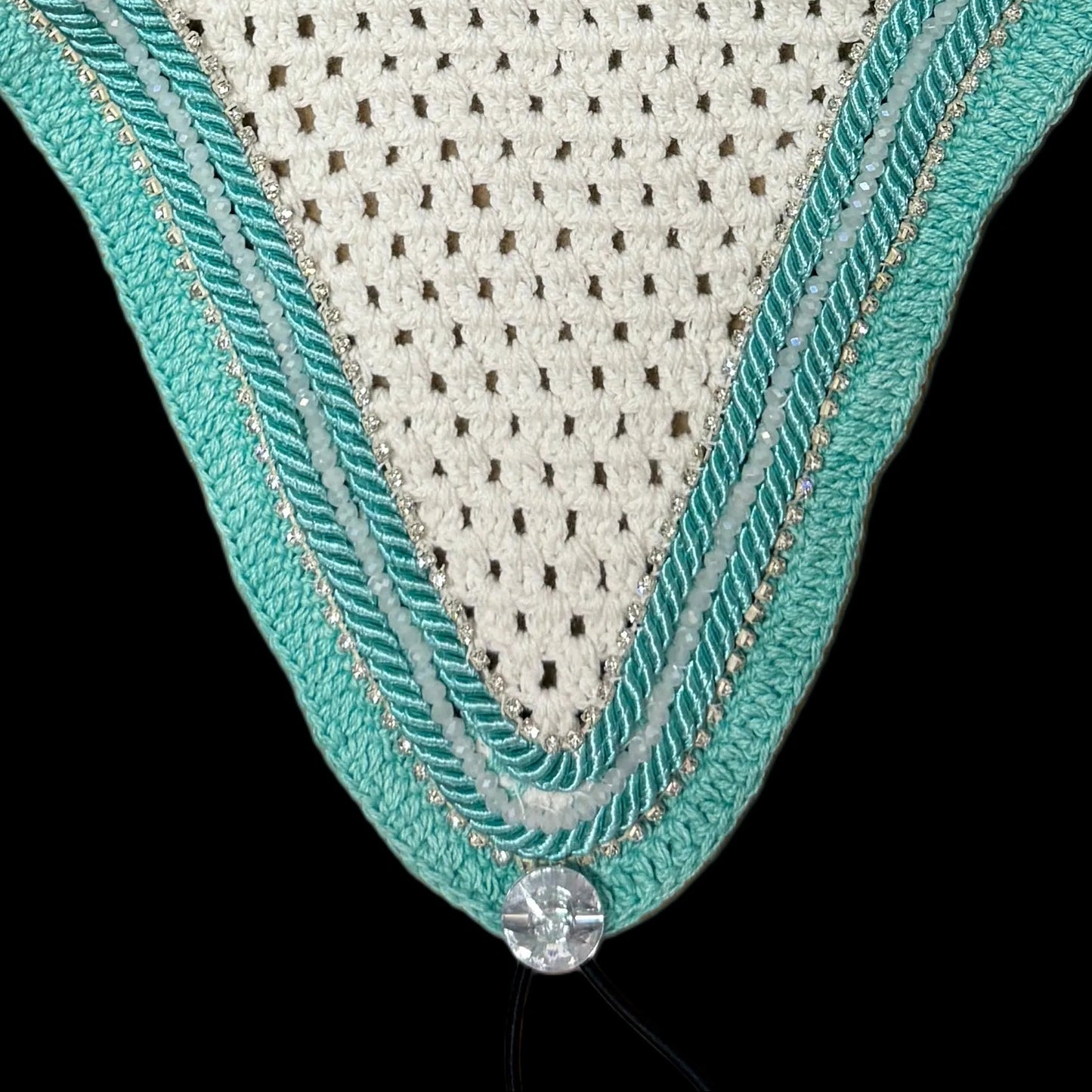 Soundproof - Tiedown Bonnets - White Base/Teal Straight Edge/2 Clear Bling/1 Clear Crystal/2 Teal Piping