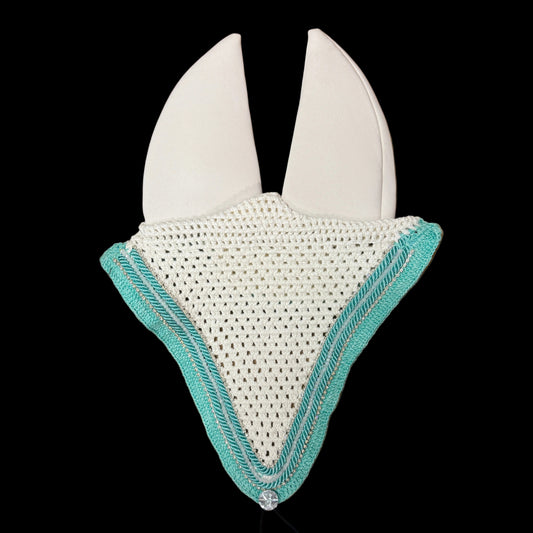 Soundproof - Tiedown Bonnets - White Base/Teal Straight Edge/2 Clear Bling/1 Clear Crystal/2 Teal Piping