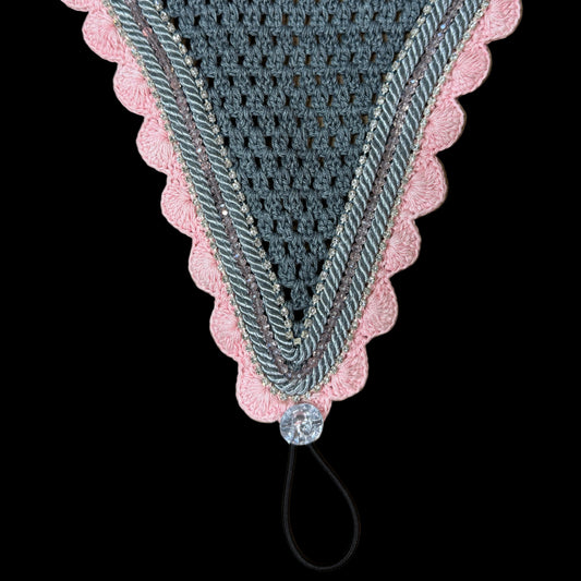 Soundproof - Tiedown Bonnets - Grey Base/Pastel Pink Scallops/2 Clear Bling/1 Light Pink Crystal/2 Grey Piping