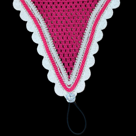 Soundproof - Tiedown Bonnets - Pink Base/White Scallops/3 Clear Bling/1 Pink and 1 White Piping