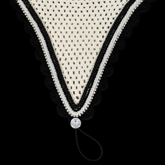 Soundproof - Tiedown Bonnets - White Base/Black Scallops/2 Clear Bling/1 Black Crystal/1 Black and 1 White Piping