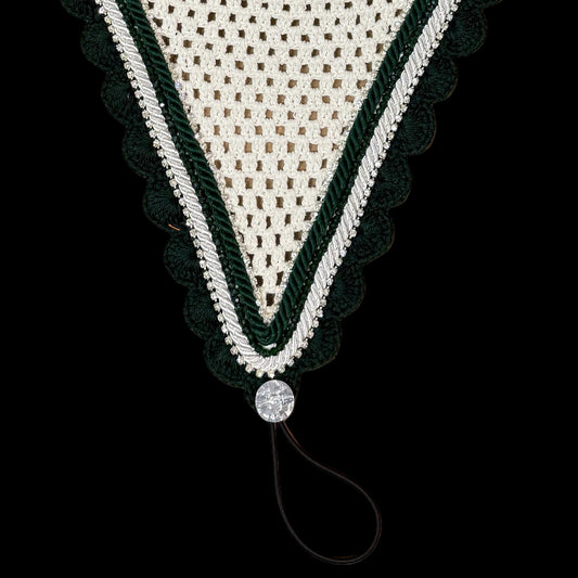 Soundproof - Tiedown Bonnets - White Base/Green Scallops/2 Clear Bling/1 Green Crystal/1 Green and 1 White Piping