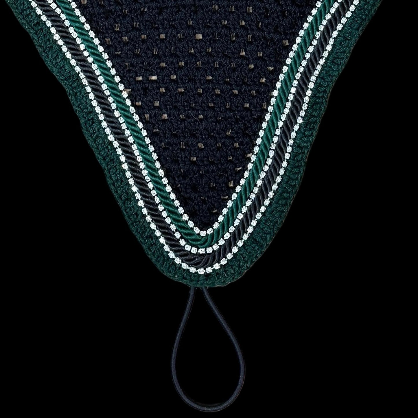 Soundproof - Tiedown Bonnets - Black Base/Green Straight Edge/3 Clear Bling/1 Green and 1 Black Piping