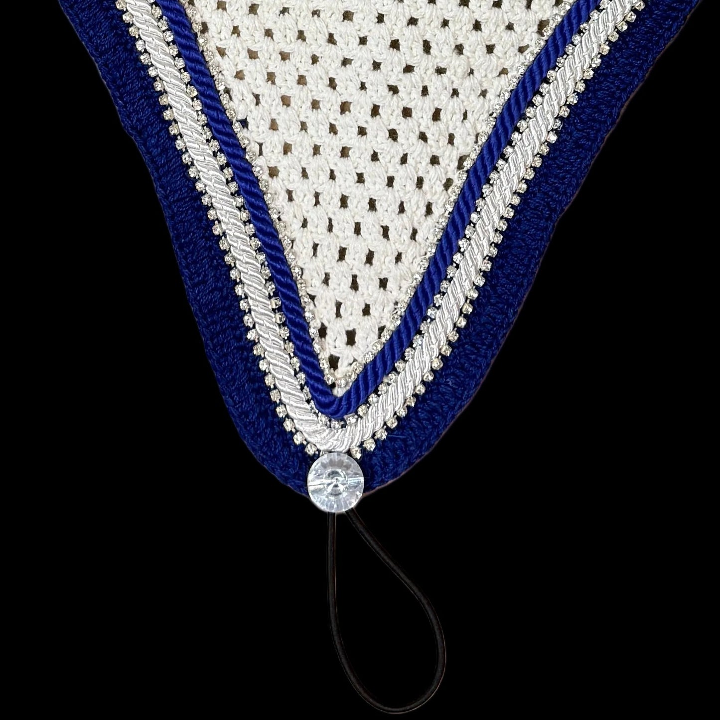 Double Soundproof - Tiedown Bonnets - White Base/Royal Blue Straight Edge/3 Clear Bling/1 Royal Blue and 1 White Piping