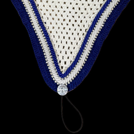 Double Soundproof - Tiedown Bonnets - White Base/Royal Blue Straight Edge/3 Clear Bling/1 Royal Blue and 1 White Piping