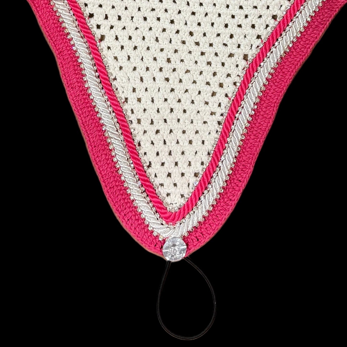 Double Soundproof - Tiedown Bonnets - White Base/Pink Straight Edge/3 Clear Bling/1 Pink and 1 White Piping