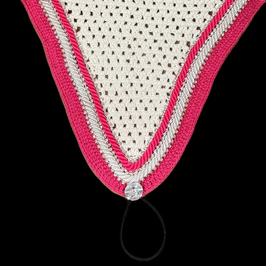 Double Soundproof - Tiedown Bonnets - White Base/Pink Straight Edge/3 Clear Bling/1 Pink and 1 White Piping