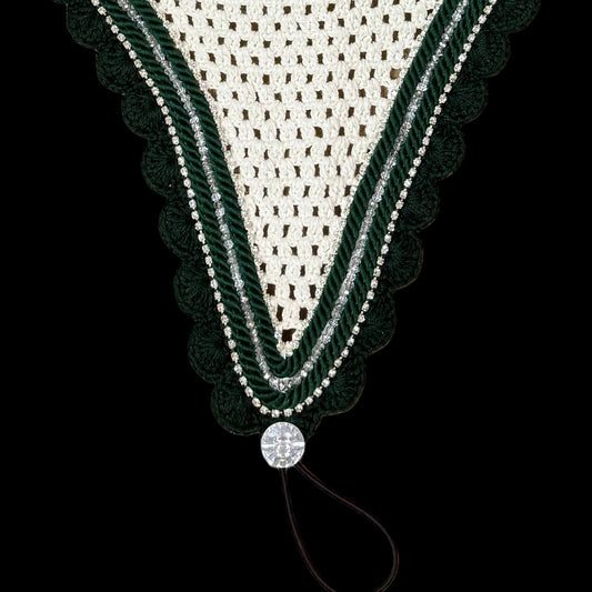 Double Soundproof - Tiedown Bonnets - White Base/Dark Green Scallops/2 Clear Bling/1 Clear Crystal/2 Dark Green Piping