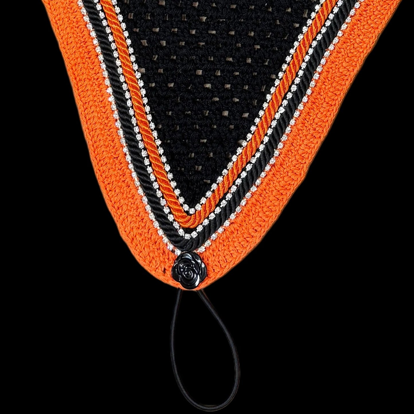 Double Soundproof - Tiedown Bonnets - Black Base/Orange Straight Edge/3 Clear Bling/1 Orange and 1 Black Piping