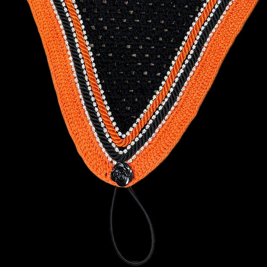 Double Soundproof - Tiedown Bonnets - Black Base/Orange Straight Edge/3 Clear Bling/1 Orange and 1 Black Piping