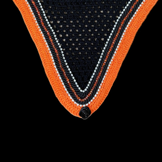 Double Soundproof - Tiedown Bonnets - Black Base/Orange Straight Edge/2 Clear Bling/1 Orange Crystal/2 Black Piping