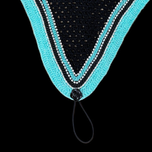 Double Soundproof - Tiedown Bonnets - Black Base/Teal Straight Edge/3 Clear Bling/1 Teal and 1 Black Piping