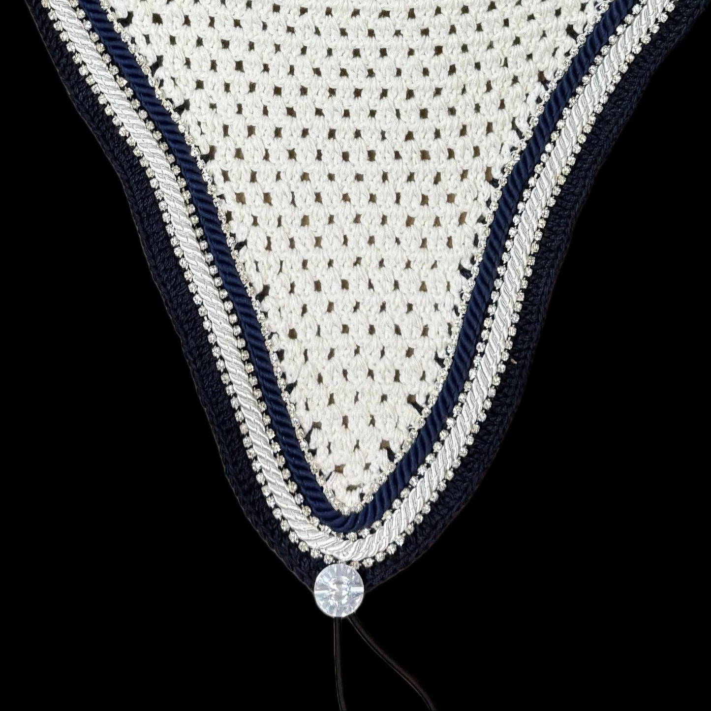 Double Soundproof - Tiedown Bonnets - White Base/Navy Straight Edge/3 Clear Bling/1 Navy and 1 White Piping