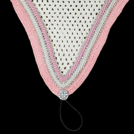 Double Soundproof - Tiedown Bonnets - White Base/Pastel Pink Straight Edge/3 Clear Bling/1 Pastel Pink and 1 White Piping