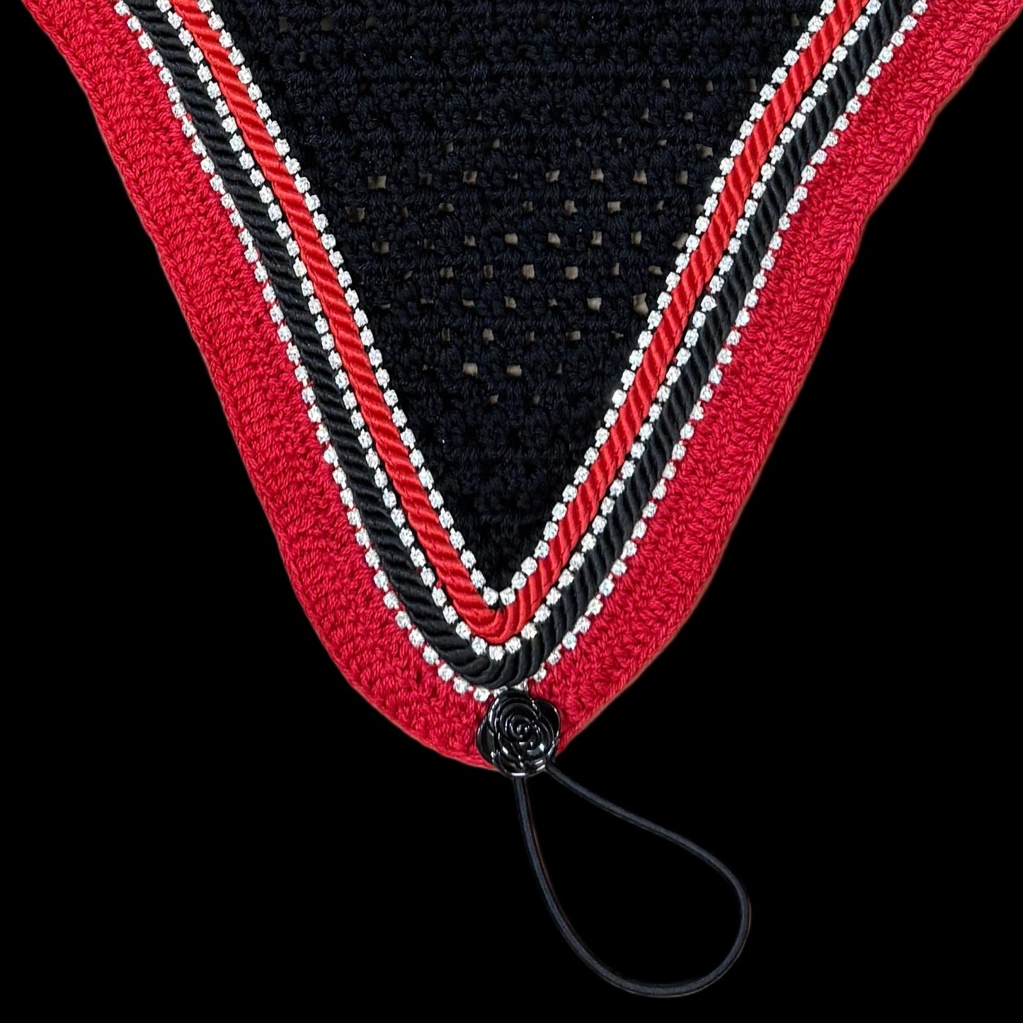 Double Soundproof - Tiedown Bonnets - Black Base/Red Straight Edge/3 Clear Bling/1 Red and 1 Black Piping
