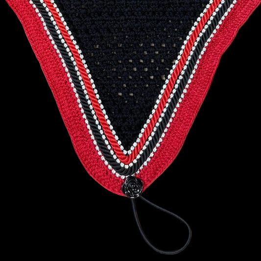 Double Soundproof - Tiedown Bonnets - Black Base/Red Straight Edge/3 Clear Bling/1 Red and 1 Black Piping