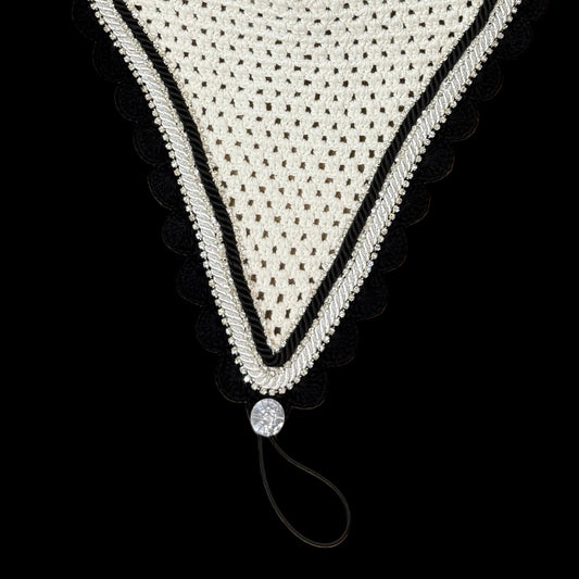 Double Soundproof - Tiedown Bonnets - White Base/Black Scallops/3 Clear Bling/1 Black and 1 White Piping