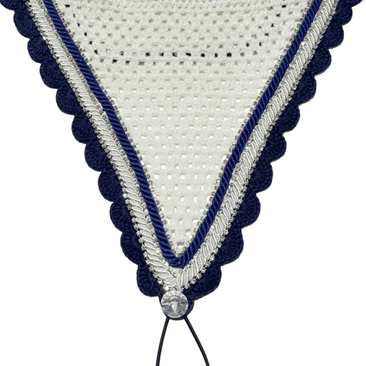 Tiedown Bonnets - Cob - White Base/Navy Scallops/3 Clear Bling/Navy and White Piping