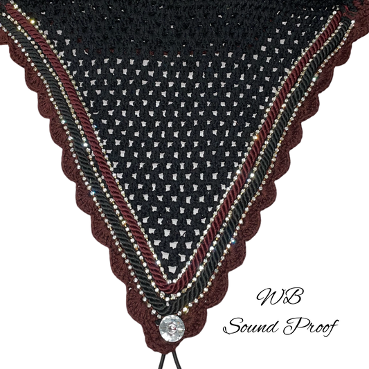 Soundproof - Tiedown Bonnets - Warmblood - Black Base/Burgundy Scallops/3 Clear Bling/Black and Burgundy Piping