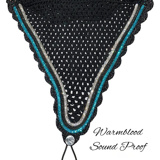 Soundproof - Tiedown Bonnets - Warmblood - Black Base/Black Scallops/Silver,Black and Blue Custom Crystal