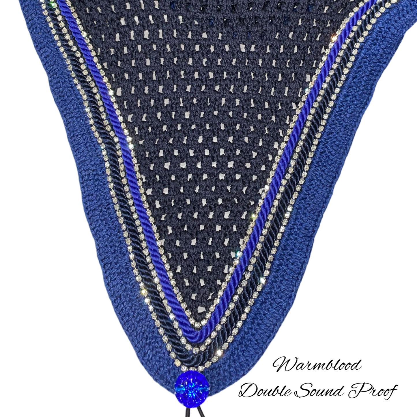 Double Soundproof - Tiedown Bonnets - Warmblood - Navy Base/Blue Straight Edge/3 Clear Bling/Blue and Navy Piping