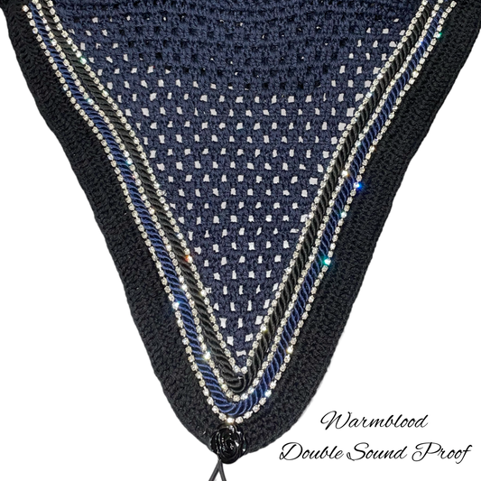 Double Soundproof - Tiedown Bonnets - Warmblood - Navy Base/Black Straight Edge/3 Clear Bling/Navy and Black Piping