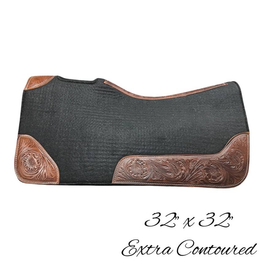 Contoured Western Saddle Pads - Black-Dark Tooled-Extra Contoured-32" X 32"